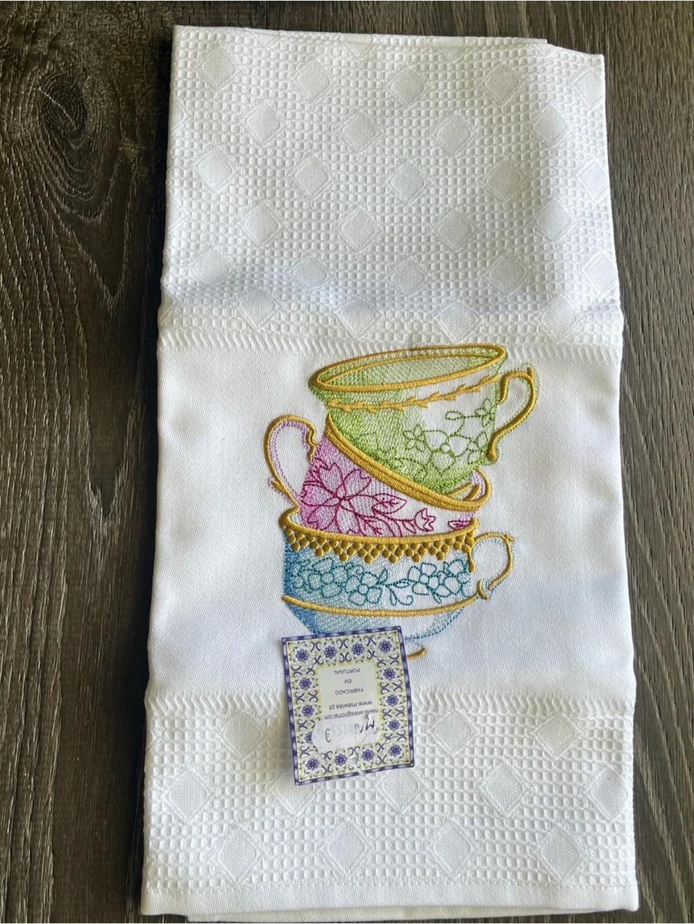 Tea Towel with Stacked Teacup Embroidery - Multicolor 20x26